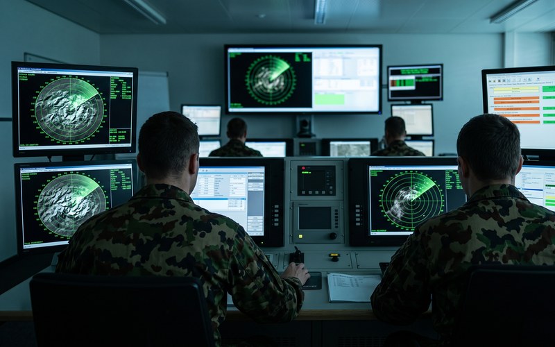 Tio.ch — La Svizzera e la guerra moderna: perché servono difesa aerea, tecnologia e unità leggere · Schweizer militärisches Operationszentrum mit uniformiertem Personal vor Radarmonitoren