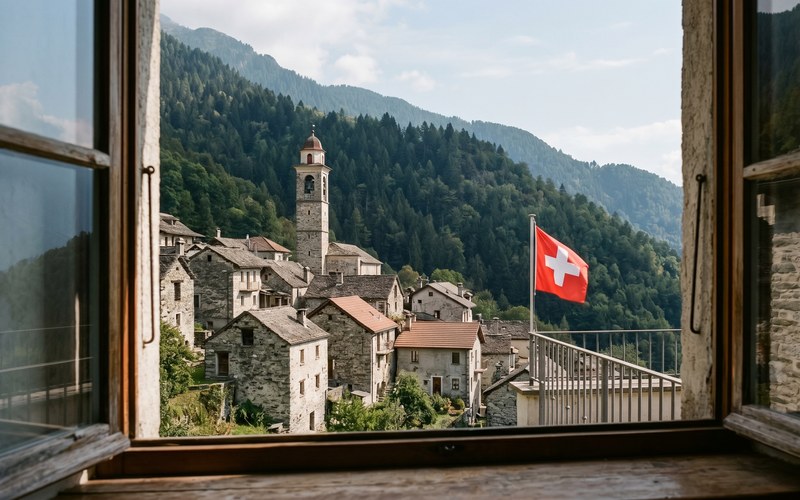 Corriere del Ticino — La Svizzera è il Paese che amo · Blick aus dem Fenster eines Tessiner Bergdorfs mit Kirchturm und Schweizer Flagge