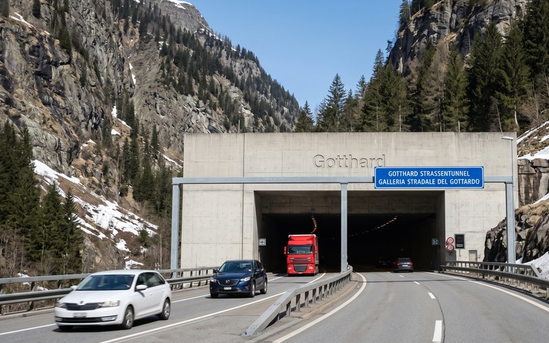 Tio.ch — Gottardo, ipotesi pedaggio per le targhe estere · Nordeingang des Gotthard-Straßentunnels mit Autos und Lkw im Transit