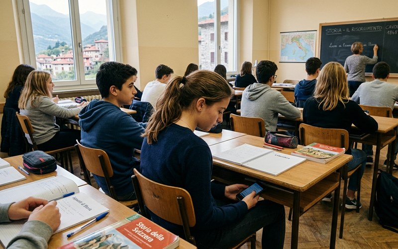Tio.ch — Smartphone a scuola: serve una riflessione più profonda · Tessiner Gymnasialklasse mit einer Schülerin, die unter der Bank ihr Smartphone benutzt