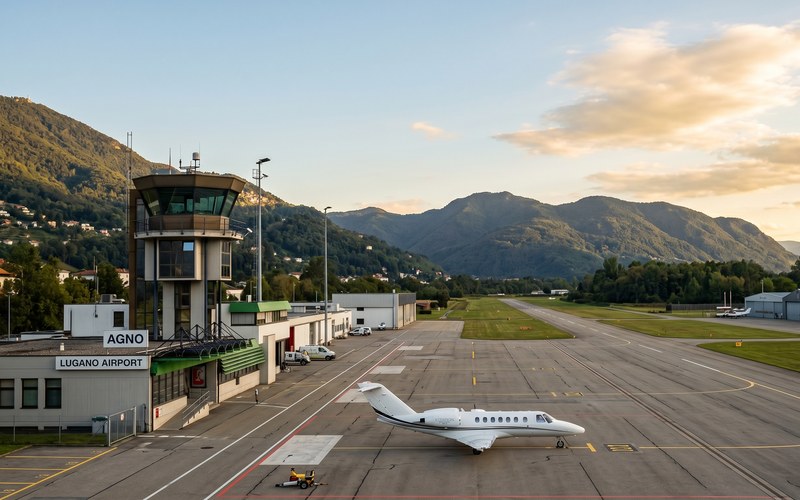 Tio.ch — Lugano–Agno, la visione di Tresoldi: «Rilanciamo l’aeroporto. La città deve tornare a volare» · Flughafen Lugano-Agno mit Kontrollturm und Privatjet auf der Landebahn