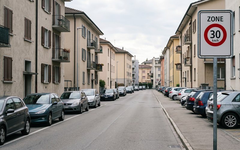 Tio.ch — Zone 30 e 20 a Lugano: un piano costoso che rallenta la città senza reali benefici · Wohnstraße in Lugano mit Verkehrszeichen 'Tempo-30-Zone'
